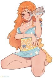 :q areola_slip arms_under_breasts barefoot blue_tattoo bottle breasts commentary english_commentary eyelashes female female_only full_body glass_bottle highres holding holding_bottle large_breasts lit_silium long_hair nami_(one_piece) official_alternate_costume one_piece orange_eyes orange_hair pouring pouring_onto_self pussy shoulder_tattoo simple_background sitting solo tattoo tongue tongue_out water white_background