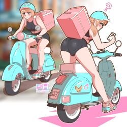 1femboy bike bulge bulge_through_clothing bulge_under_clothes femboy food_delivery motorcycle pink_horizons sissy speech_bubble transgender transgender_pride_colors transgender_woman