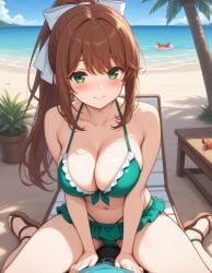 1girls ai_generated beach bikini cleavage coral_brown_hair crab_in_a_floatie doki_doki_literature_club green_eyes light-skinned_female monika_(doki_doki_literature_club) pov sitting_on_lap smile