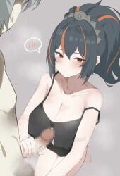 1boy artist_name black_camisole black_hair breasts camisole censored cleavage collarbone cum female from_above grey_background guremon hair_between_eyes handjob highres kneeling large_breasts looking_to_the_side metal_hairband mosaic_censoring multicolored_hair penis ponytail red_eyes sidelocks simple_background single_off_shoulder solo_focus spoken_blush straight streaked_hair sweatdrop two-tone_hair wise_(zenless_zone_zero) zenless_zone_zero zhu_yuan