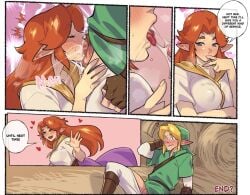 blonde_hair blue_eyes blush breasts clothing comic comic_page couple cum cum_in_mouth cum_string cumming fellatio kukumomo licking_fingers link long_nails malon nipple_bulge ocarina_of_time orange_hair penis penis_out romantic romantic_couple the_legend_of_zelda