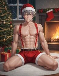 1boy abs ai_generated belt bsky_link bulge caelus_(honkai:_star_rail) christmas christmas_clothing christmas_decorations christmas_hat christmas_outfit christmas_present christmas_tree dvxxxgrai fireplace grey_hair honkai:_star_rail kneeling male male_only nipples pixai pony_diffusion_xl red_shorts santa_hat seated shorts smile snow solo solo_male suspenders tagme toned toned_body toned_male topless topless_male twitter_link window yellow_eyes