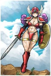 1girl abs bikini_armor blue_eyes boots cleavage cloud dragon_quest dragon_quest_iii gloves helmet muscular muscular_female muscular_thighs outdoors purple_hair shield shoulder_pads solo sword thick_thighs videajames warrior_(dq3)