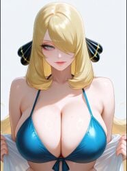 , 1girls ai_generated big_breasts bikini covering_one_eye cynthia_(pokemon) female female_focus female_only hair_covering_one_eye huge_breasts large_breasts mature_female open_clothes original_character pokemon pokemon_(species) solo solo_female solo_focus