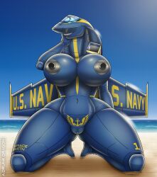 a_drunk_dragon aircraft anthro areola beach big_breasts blue_body blue_eyes blue_sky breasts fangs female genitals grace_smith_(adrunkdragon) hi_res kneeling living_aircraft living_machine living_vehicle looking_at_viewer machine nipples pupils pussy sand sky slit_pupils smile solo teeth text thick_thighs u.s._navy vehicle