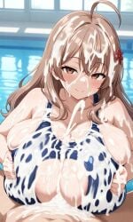 ai_generated breasts_bigger_than_head cum cum_drip cum_everywhere cum_explosion cum_on_body cum_on_breasts cum_on_face engulfing_paizuri enormous_breasts gigantic_breasts green_eyes green_hair huge_breasts hyper large_breasts maria_mikhailovna_kujou massive_breasts paizuri