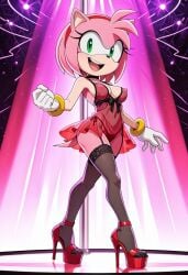 ai_generated amy_rose breasts garter_straps high_heels lingerie nipples sonic_(series) sonic_the_hedgehog_(series) stockings stripper_pole thong