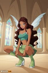 1girls 4kids_entertainment ai_generated aisha aisha_(winx_club) artist_name bare_shoulders blue_eyes boots breasts bridal_garter brown_hair crop_top dark-skinned_female dark_skin fairy_wings full_body green_footwear green_skirt hi_res high_heel_boots high_heels indoors knee_boots layla layla_(winx_club) long_hair looking_at_viewer makeup medium_breasts midriff navel nickelodeon parted_lips rainbow_(animation_studio) rule34lab skirt solo spaghetti_strap squatting stained_glass wavy_hair wings winx_club