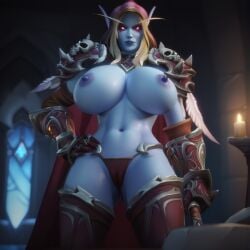 ai_generated bimbo blood_elf gauntlets hoodie looking_at_viewer massive_breasts nude perfect_body smirk solo stable_diffusion standing sylvanas_windrunner warcraft world_of_warcraft