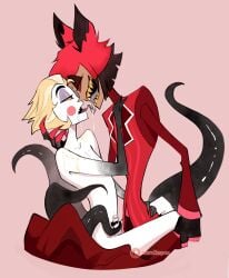 2d alastor_(hazbin_hotel) anthro bite_mark_on_shoulder bite_marks hazbin_hotel lucifer_morningstar_(hazbin_hotel) male/male precum_drip tentacle tongue_kiss uncensored