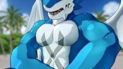 abs digimon digimon_(species) dragon exveemon flexible flexing lizard male muscular muscular_male pecs tagme video