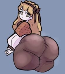 1girls ass ass_focus blonde_hair blue_background fat_ass female female_only green_eyes hairband huge_ass lobotomy_corporation notsawl pantyhose project_moon solo thick_ass tiphereth_(lobotomy_corporation)