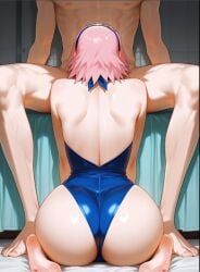 , 1boy 1girls ai_generated boruto:_naruto_next_generations double_fellatio faceless_character faceless_male fellatio mature_female naruto pink_hair sakura_haruno sakura_haruno short_hair swimsuit