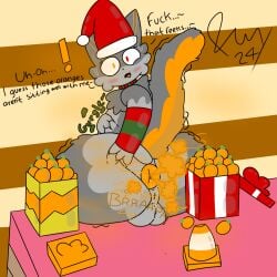 1:1 anthro anus ass big_butt blush bodily_fluids christmas christmas_clothing christmas_headwear clothing digital_media_(artwork) domestic_cat embarrassed fart fart_cloud fart_fetish felid feline felis femboy food freeway_(freewaythecat) freewaythecat fruit fur genital_fluids genitals gift grey_body hat headgear headwear hearts_around_head hi_res holidays male mammal musk musk_clouds nude one_eye_closed orange_(fruit) orange_body orange_fur plant presenting presenting_anus presenting_hindquarters puffy_anus santa_hat simple_background slightly_chubby smug_face solo spread_butt spreading tail text tongue tongue_out traffic_cone