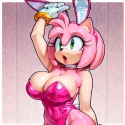 ai_generated amy_rose fake_animal_ears furry furry_female gloves green_eyes leotard lips mobian_(species) open_mouth pink_fur pink_hair playboy_bunny sonic_(series) sonic_the_hedgehog_(series) stable_diffusion