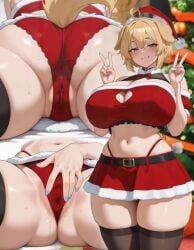 1girls ahoge ai_generated ass back_view belt blonde_female blonde_hair blue_eyes blue_fingernails blue_nails boob_window christmas_clothing christmas_outfit christmas_tree dog_ears dog_girl dog_tail fingers_spread front_and_back front_view huge_ass huge_breasts huge_butt huge_thighs indie_virtual_youtuber inviting inviting_to_fuck inviting_to_sex klaire_fluffle multiple_angles navel pussy santa_bikini santa_costume santa_hat spread_legs spread_pussy spread_pussy_under_clothes spreading_ass spreading_pussy thick_thighs thighs virtual_youtuber vtuber wet_pussy zettai_ryouiki