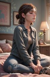 1girls ai_generated artist_name bed bedroom blue_pants breasts brown_hair closed_eyes denim denim_jacket ellie_(the_last_of_us) ellie_williams freckles hair_bun hi_res indian_style indoors jacket jeans lamp lips naughty_dog nose on_bed open_clothes open_jacket pants patreon_username pillow progenarts realistic shirt shoes short_hair single_hair_bun sitting sneakers solo the_last_of_us the_last_of_us_2 torn_clothes torn_jeans torn_pants watermark web_address