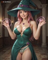 agnietta ai_generated breasts female girl nostra666 oc original_character patreon pink_hair pussy uncensored witch