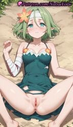 1girls ai_generated anime anime_style anus aqua_eyes asshole bandaged_arm bandaged_head bandages bare_shoulders barefoot blood blue_eyes blush breasts bust busty cleavage collarbone covered_navel dress elf elf_ears female_focus female_only flower from_above grass green_dress green_eyes green_hair hair_between_eyes hair_flower hair_ornament headband hentai kono_subarashii_sekai_ni_shukufuku_wo! labia legs looking_at_viewer lying medium_breasts natsuyoru no_panties non-asian on_back on_ground outdoors paipan parted_lips pointed_ears pointy_ears pussy shaved_vagina short_hair sleeveless sleeveless_dress solo solo_female spread_legs torn_clothes torn_dress tranquility_girl uncensored vagina voluptuous voluptuous_female