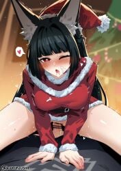 blush breasts christmas christmas_tree cum_in_ass fox_ears fox_girl hoshimi_miyabi kukiyuusha mouth_open penis_in_vagina red_eyes santa_dress santa_hat tagme wise_(zenless_zone_zero) zenless_zone_zero