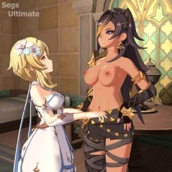 2girls 3d abs animated areolae black_hair blonde_hair blue_eyes breast_grab breasts breasts_out cute dark_skin dehya_(genshin_impact) genshin_impact girl_on_girl hi_res laugh long_hair lumine_(genshin_impact) mature_female music nipples segs_ultimate shorter_than_30_seconds size_difference smile sound tagme tan_skin teasing toned_female topless video voluptuous yuri