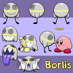 1:1 anthro big_penis big_tongue borlis_orbi character_name chart confusion genitals grey_body height_chart kirby kirby_(series) male model_sheet nintendo penis pinching_cheeks purple_tongue sharp_teeth simple_background size_difference smile solo supermoonshroom teeth tongue tongue_out unknown_species wide_tongue