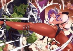 1boy 2girls absurdres animal_ears asanagi ass bare_shoulders bash_(orc_eiyuu_monogatari) battle black_hair black_sclera bob_cut breasts bridal_gauntlets cameltoe carrot_(orc_eiyuu_monogatari) clothing_cutout colored_sclera colored_skin covered_erect_nipples demon_girl demon_horns demon_tail demon_wings detached_sleeves fangs fighting fox_ears fox_girl from_below green_skin grin heart heart_cutout high_heels highres horns huge_breasts kicking large_breasts legs long_hair low_wings lying medium_hair mixed_gender_duel mole mole_on_thigh mole_under_mouth multiple_girls navel navel_cutout novel_illustration official_art on_stomach orc orc_eiyuu_monogatari orc_eiyuu_monogatari_sontaku_retsuden pantyhose purple_hair red_eyes revealing_clothes sagging_breasts scar scar_on_face scar_on_nose short_hair silviana_(orc_eiyuu_monogatari) slit_pupils smile spread_legs tail teeth thick_thighs thighs toeless_footwear toeless_legwear toenails toes translated tusks underboob white_hair wings