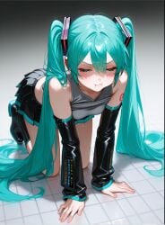 , 1girls ai_generated all_fours beginner black_boots closed_eyes female female_focus female_only grey_shirt hatsune_miku original_character solo solo_female solo_focus twintails