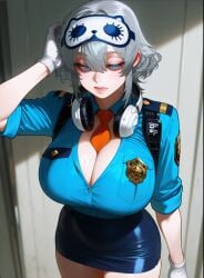 , 1girls ai_generated badge blue_eyes blue_skirt female female_focus female_only gloves grey_hair half-closed_eyes huge_breasts large_breasts mask_on_head mature_female medium_hair police_uniform solo solo_female solo_focus unknown_character