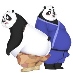 ass blood blush bodily_fluids bottomwear bottomwear_down clothed clothing dreamworks duo half_naked hi_res hypnokoo kung_fu_panda male male/male master_po_ping musclegut muscular nosebleed nude original_character overweight overweight_male pants pants_down partially_clothed small_tail tail tenting