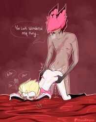 alastor_(hazbin_hotel) anal_sex bite_mark_on_thigh bite_marks hazbin_hotel lucifer_morningstar_(hazbin_hotel) male/male male_penetrated male_penetrating male_penetrating_male radioapple scratch_marks submissive_male