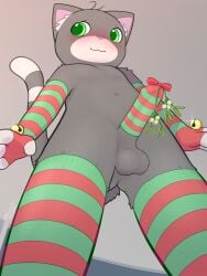 3:4 absurd_res anthro arm_warmers armwear ass balls bell blush butt_from_the_front buttons_(milachu92) christmas clothing cock_sock domestic_cat felid feline felis five_sock_outfit footwear fur genitals green_eyes grey_background grey_body grey_fur hi_res holidays humanoid_genitalia humanoid_penis inner_ear_fluff jingle_bell jingle_bell_armband legwear low-angle_view male male_anthro mammal markings milachu92 mistletoe mistletoe_on_penis pattern_arm_warmers pattern_armwear pattern_clothing pattern_legwear pattern_thigh_highs penis penis_clothing plant simple_background socks solo striped_arm_warmers striped_armwear striped_clothing striped_legwear striped_markings striped_tail striped_thigh_highs stripes tail tail_markings thigh_highs thighhighs tuft white_body white_fur