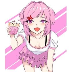 1female 1girls bra_strap collarbone cupcake doki_doki_literature_club down_blouse eiji_zatsu fang female female_focus mouth_open natsuki_(doki_doki_literature_club) oerba_yun_fang open_mouth pink_eyebrows pink_eyes pink_hair skirt