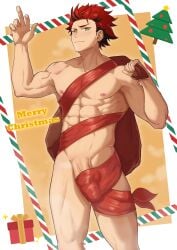 1boy abs absurdres bara black_hair border christmas christmas_tree covered_penis cowboy_shot earrings ensemble_stars! gift green_eyes highres holding holding_sack jewelry kiryu_kuro kogatetora large_pectorals large_penis looking_at_viewer male_focus meme merry_christmas multicolored_hair muscular muscular_male nipples nude nude_guy_wrapped_in_ribbons_standing_(meme) orange_background pectorals penis penis_peek photo-referenced red_hair red_ribbon ribbon sack solo spiked_hair streaked_hair stud_earrings testicle_peek two-tone_hair white_border