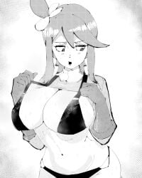 1girls big_breasts black_bra black_panties blush bra breasts cleavage collar creatures_(company) embarrassed eyebrows eyelashes female game_freak gloves hair_between_eyes hair_ornament huge_breasts long_hair looking_to_the_side miregeist multicolored_hair navel nintendo nose open_mouth panties pokemon pokemon_bw shadow shirt skyla_(pokemon) standing streaked_hair teeth thighs underwear upper_teeth_only white_collar wide_hips