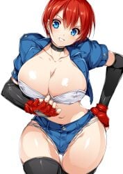 1girls blue_eyes bra breasts character_sheet cowboy_shot denim denim_jacket fingerless_gloves full_body gloves hand_on_own_hip jacket kei_(smash_daisaku) large_breasts looking_at_viewer looking_back non-web_source original red_hair shoes short_hair shorts simple_background smash_daisaku sneakers solo thighhighs underwear white_background