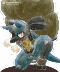 anthro balls blush bodily_fluids bondage chastity_cage chastity_device cuff_(restraint) dirty dirty_body flat_chastity_cage forced_labor front_view generation_4_pokemon genitals hi_res kneeling kurohane_karasu lucario male nintendo on_one_knee open_mouth pokemon pokemon_(species) restraints saliva shackled shackles signature simple_background slave solo sweat text tongue tongue_out url