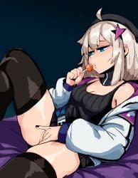 1girls aa-12_(girls'_frontline) ahoge bangs blue_eyes bottomless breasts candy chermat cleavage female female_focus female_masturbation female_only fingering girls'_frontline grey_hair half-closed_eyes hat holding_candy holding_object jacket lollipop masturbation solo star_hair_ornament