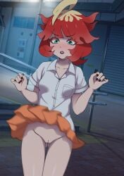 button_down_shirt crappydecens decensored green_eyes kohatsuka mela_(pokemon) multicolored_hair pokemon red_hair third-party_edit upskirt