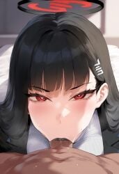 1boy 1girls ai_generated big_breasts black_hair black_lipstick blue_archive blush breasts fellatio female female_focus huge_breasts large_breasts light-skinned_female looking_at_viewer looking_pleasured red_eyes rio_(blue_archive)