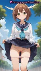 1girls :3 ai_generated anime anime_style antlers asian ass_visible_through_thighs bangs black_sailor_collar black_skirt black_socks blue_neckerchief blue_sailor_collar blue_skirt blue_sky blush breasts brown_hair building bust busty cleft_of_venus closed_mouth clothes_lift cloud collarbone day dragon_horns exhibitionism feet_out_of_frame female female_focus female_only green_eyes horns kneehighs labia labia_majora lifted_by_self long_sleeves looking_at_viewer medium_breasts midriff_peek natsuyoru neckerchief outdoors paipan panties pantsu panty_pull pink_panties pleated_skirt public_indecency pussy sailor_collar sailor_uniform school_uniform serafuku shikanoko_noko shikanoko_nokonoko_koshitantan shirt short_hair skirt skirt_lift sky smile socks solo solo_female standing thighs tree uncensored underwear vagina voluptuous voluptuous_female white_shirt