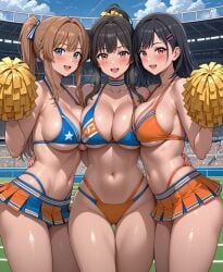 3girls ai_generated ass ass_focus big_breasts bikini bikini_bottom bikini_top blonde_female blonde_hair bra cheerleader cheerleader_uniform ginger half_naked hi_res panties red_hair seekster slim slim_waist smile stadium tagme thick thick_ass thick_thighs