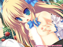 1boy blonde_hair blue_eyes breasts female momozono_charlotte nipples open_mouth ribon sex softhouse_seal sweat teeth tied_hair tongue twintails