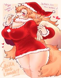 1girls anthro big_breasts blush breasts christmas christmas_outfit cleavage clothed clothing comifur female female_focus female_only fur furry hair hat heart holidays oc original original_character tail