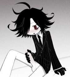 1boy accurate_art_style bags_under_eyes balls black_gloves black_hair black_necktie black_suit blush buttons cock colored_skin cum cum_drip funamusea hair_over_one_eye horny horoka lzet male male_focus male_only masturbation open_mouth penis pockets red_eyes self-upload short_hair solo_male stroking stroking_cock stroking_penis sweat white_skin