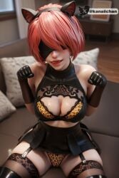 1female 3d ai_assisted ai_generated boots bra breasts cat_ears cat_pose female female female_focus female_only ginger ginger_hair gloves gyaru gyaru_gal leather_clothing leather_gloves leopard_print leopard_print_bikini living_room long_boots miniskirt nier nier:_automata nier_(series) open_mouth panties sitting sitting_on_sofa skirt solo solo_female spread_legs stockings tongue yorha_2b