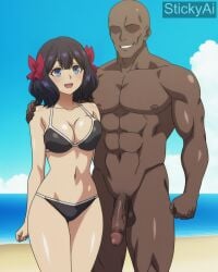 ai_generated beach black_hair blue_eyes dark-skinned_male hair_ribbon interracial large_penis let_this_grieving_soul_retire! nageki_no_bourei_wa_intai_shitai nude_male short_hair stickyai thick_thighs tino_shade