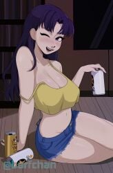 1girls barfchan beer_can big_breasts blue_shorts blush breasts camisole cleavage female female_only hair huge_breasts long_hair mature mature_female mature_woman misato_katsuragi neon_genesis_evangelion one_eye_closed purple_eyes purple_hair shorts solo solo_female thighs wink winking yellow_camisole