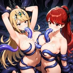 ai_generated blonde_hair blowjob blue_eyes boobjob chained chains cum cum_on_breasts fellatio kasumi_yoshizawa long_hair mythra mythra_(xenoblade) paizuri persona persona_5 red_eyes red_hair restrained sumire_yoshizawa tentacle titjob xenoblade_(series) xenoblade_chronicles_2