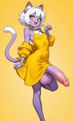:3 ai_generated bottomless catgirl furry_female futanari large_penis purple_fur skinny sundress white_hair yellow_dress